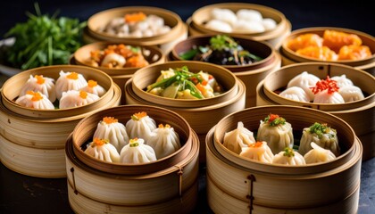 Assortment of Dim Sum in Bamboo Steamers.