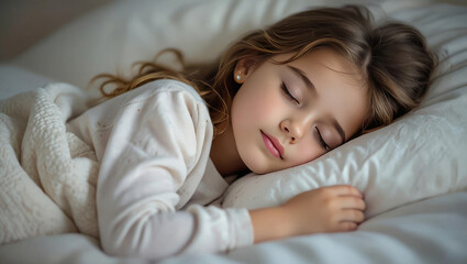 Peaceful young girl peacefully sleeping soundly on cozy white bedding, serene dreams unfolding