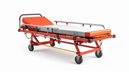 Professional ambulance stretcher or hospital gurney with adjustable backrest and side rails, isolated on a white background for medical concepts.