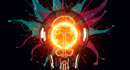Burning light bulb inside colorful paint splashes on black background, symbolizing creative energy and innovative ideas, perfect for design or technology concepts