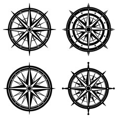 Fototapeta premium Collection of four black and white compass rose designs with varying styles and circular borders shown