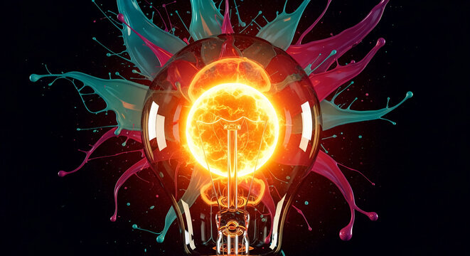 Burning light bulb inside colorful paint splashes on black background, symbolizing creative energy and innovative ideas, perfect for design or technology concepts - Powered by Adobe