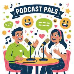 podcast illustration man and woman with mic and headphone