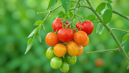 Vibrant cluster of ripening cherry tomatoes on the vine, showcasing a spectrum of green, orange, and red hues in natural sunlight
