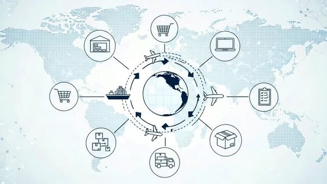 Global logistics network with world map and shipping icons showing supply chain management concept