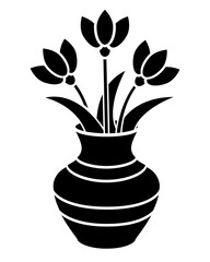 Vase with flowers - vector silhouette image for logo, icon or stencil. Ceramic classic vase with tulips for stencil.