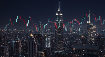Dynamic stock market analysis over stunning New York City skyline at night shows financial trends and investment outlook