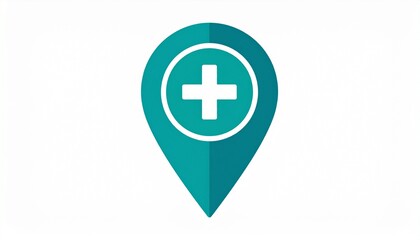 Obraz premium Teal map pin icon with a plus symbol, representing a hospital, clinic, or medical service location for finding healthcare access.