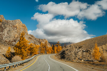 A view of a winding road with a guardrail leading through a rocky mountain landscape with beautiful yellow autumn trees under a cloudy sky