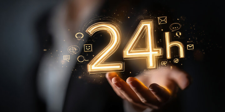 24-7 technical support concept. A businessman hand holds glowing icons of tools, chat, email, and phone, representing IT assistance, remote help, and digital customer care in modern business.