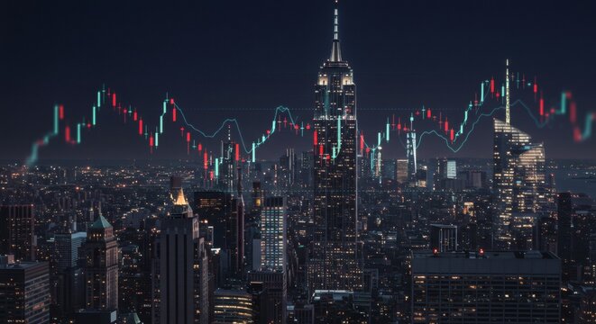 Dynamic stock market analysis over stunning New York City skyline at night shows financial trends and investment outlook - Powered by Adobe