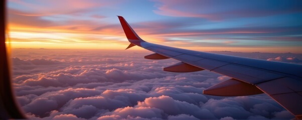 Fototapeta premium airplane window view with wing over fluffy clouds, warm evening light coloring the sky
