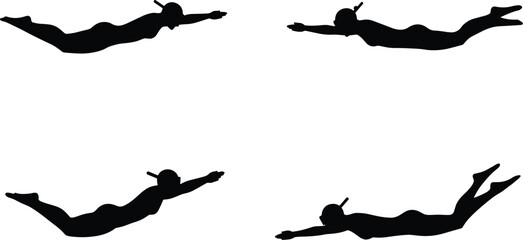 Set of four silhouettes of a person swimming or snorkeling underwater, in different poses. isolated vector illustration.