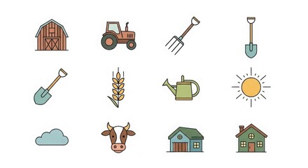 Farm Icons Tractor Barn Wheat Cow