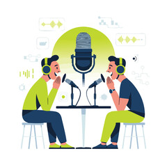podcast illustration man and woman with mic and headphone