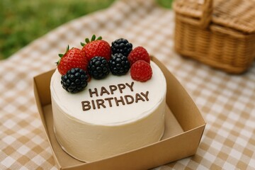 Lovely birthday cake with fresh berries, perfect for a picnic celebration. Sweet treat in a natural outdoor setting.