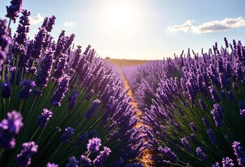 Obraz premium Rows of purple lavender bloom under summer sun in Provence, agriculture, sun