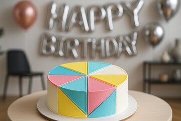 Fototapeta premium Colorful birthday cake with geometric design. Perfect treat for festive celebrations.