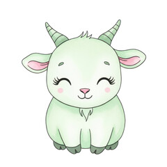 Naklejka premium Adorable baby goat with charming smile and cute horns, perfect for children's books and farm themes.