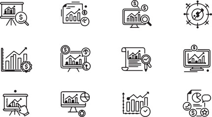 Collection of Business and Finance Icons with Charts and Graphs analytics analysis