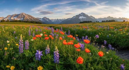 Alpine Meadow Sunset Wildflowers Mountains