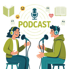 podcast illustration man and woman with mic and headphone