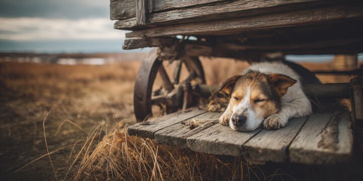 A sleepy dog resting under a wooden cart in a field