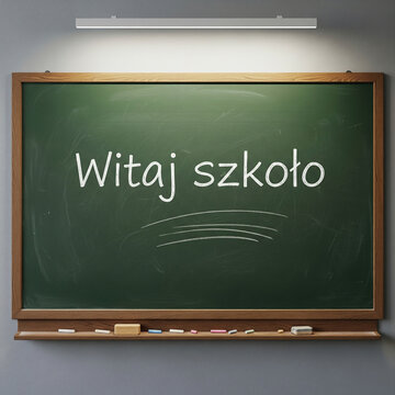Zielona szkolna tablica z napisem "Witaj szkoło"