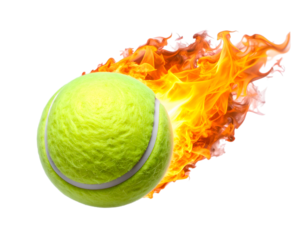 Fiery Tennis Ball: A tennis ball engulfed in flames, illustrating speed and energy, a vibrant representation of competitive sport and intense game play.