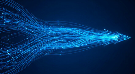 Abstract blue lines converging into arrow shape, luminous and dynamic, symbolizing connection, speed, and data flow, ideal for technology or network concepts