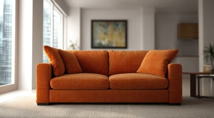Fototapeta premium Modern orange couch in a bright apartment