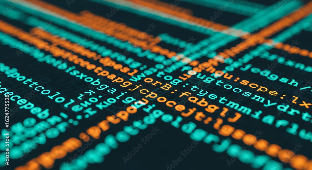 Wall mural close-up of teal and orange code on dark background, showcasing programming language syntax, symboli