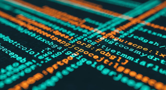 Close-up of teal and orange code on dark background, showcasing programming language syntax, symbolizing technology, innovation and digital world
