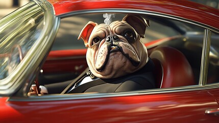 A bulldog in a sharp black suit, sitting in the driver's seat of a red sports car, cigarette in its mouth, window rolled down, looking outside with attitude.