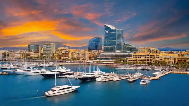 Limassol cityscape with its modern buildings and moored yachts gleaming under a vibrant sunset sky, offering a picturesque view of the city's waterfront