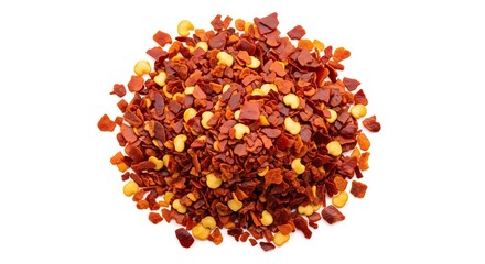 Pile of red chili flakes against a white background