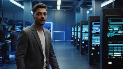 It engineer pointing at server rack, explaining processing power and data storage to supervisor, working together in data center control room, ensuring efficient network operations - Powered by Adobe