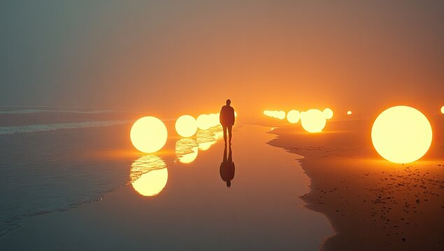 A solitary figure walks a beach path illuminated by glowing orbs