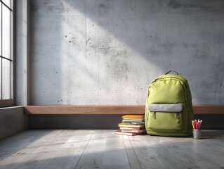 Green backpack rests near books and pencils against a concrete wall illuminated by sunlight streaming indoors.