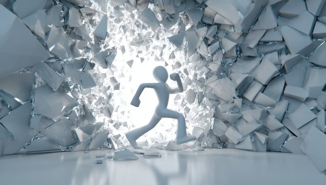 A light-gray figure runs through a shattered wall