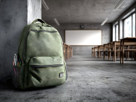 Olive green backpack sits against a concrete column inside an empty classroom with desks and whiteboard. - Powered by Adobe