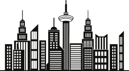 Obraz premium Black and White Silhouette of a City Skyline with Tall Buildings and a Central Tower