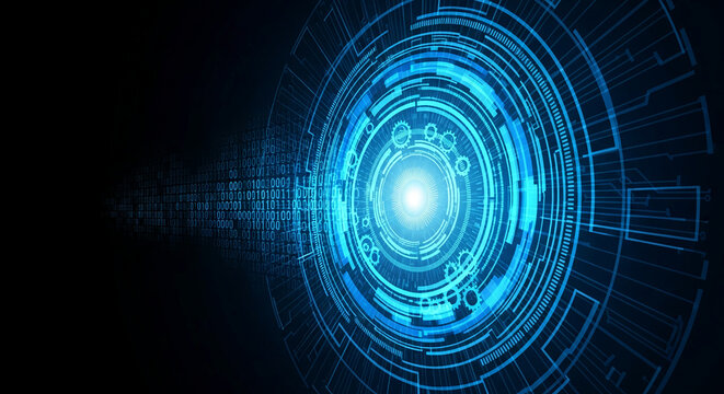 Abstract digital background with concentric blue circles, gears, and binary code, suggesting technological innovation and data processing