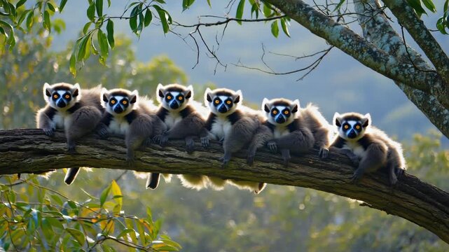 Seven crowned lemurs are resting on a tree branch in their natural habitat, enjoying the warmth of the sun and displaying their unique markings and social behavior