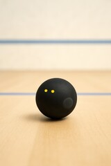 Squash ball with two yellow dots on a wooden court surface. Ready for a challenging game.