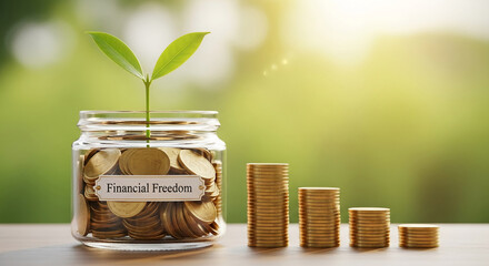 Glass jar filled with gold coins, a sprouting plant, and coin stacks, symbolizing financial growth and freedom.  Free space for text