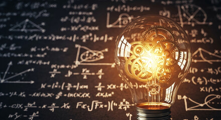 Glass lightbulb with golden gears inside, set against a backdrop of mathematical equations, symbolizing innovation, problem-solving, and the mechanics of ideas