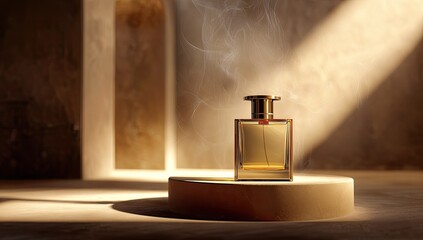 Golden perfume bottle on beige podium