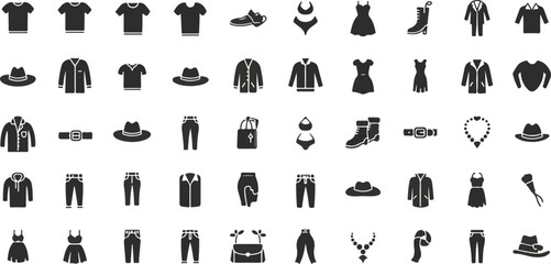 Collection of Fashion Clothing and Accessories Icons in Silhouette t-shirt shirt
