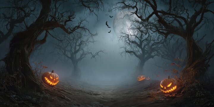 The eerie pumpkin patch under a full moon in a haunted forest.